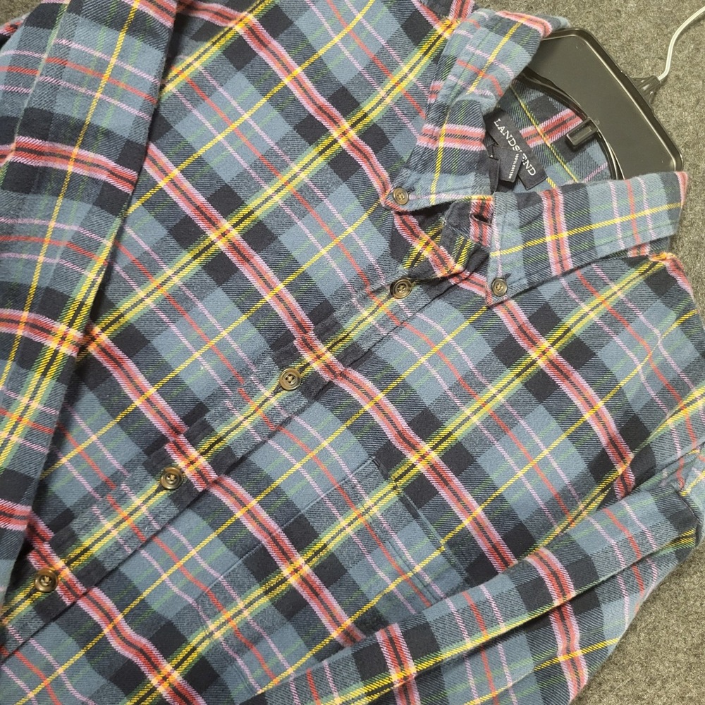 Lands End Mens XL Tall Flannel Shirt Blue Yellow Red Plaid Traditional Fit